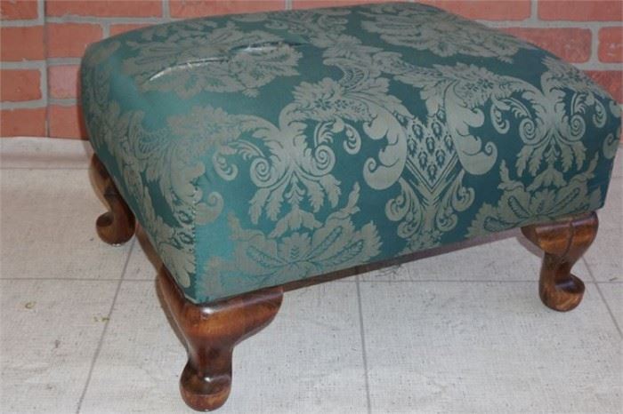 106. Vintage Stool Foot Wood and Floral Fabric Ottoman