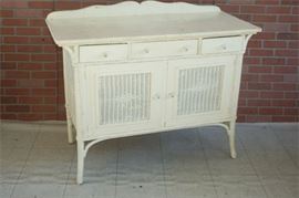 108. 3 Drawer 2 Door White Wooden Whicker Dresser