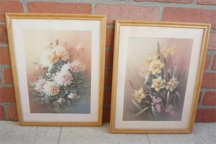 119. Pair Light Wooden Framed Floral Prints
