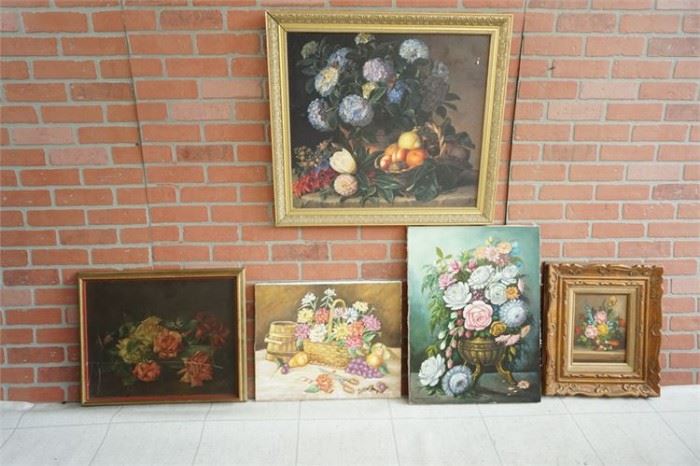 142. x5 Lot of Framed Floral Arrangements Paintings
