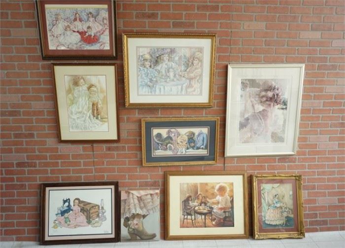 143. x9 Lot of Framed Dolls and Children Themed Paintings