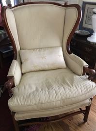 Vintage upholstered wing-back chair. In excellent condition.  No imperfections. Solid and sturdy. classic chair. Height 42", Width 28"