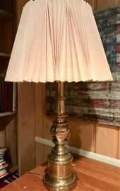 Traditional brass lamp. Used. Good condition. With pleated shade. Approx. 30" tall.