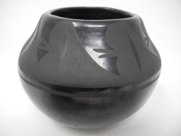 Native American Santa Clara Pueblo Black on Black Hand Coiled Pottery Bowl 