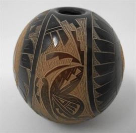 Pubelo Santa Clara Black Seed Pot Hand-Coiled Sienna Spot with Sgraffito Kokopelli, Butterfly, Bird in Geometric Design by Candelaria Suazo
