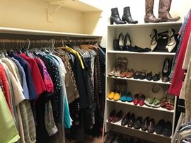 Huge selection of ladies shoes and cloths. Jackets, blouses, shits and pants.