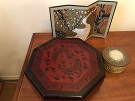 silk stand and wooden decorative box. 