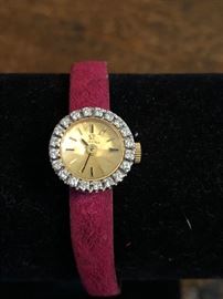 Omega ladies watch 14k with interchangeable band. Single cut diamonds.