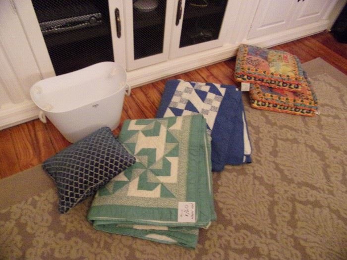 Two handmade quilts, pillows etc