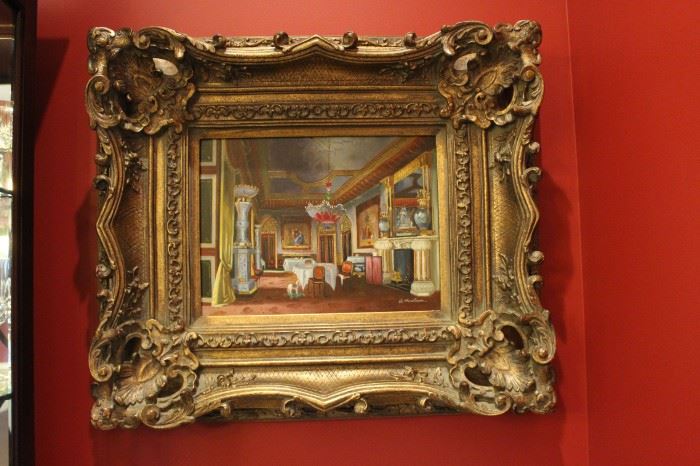 Ornately framed architectural oil