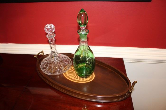 Wood serving tray and decanters