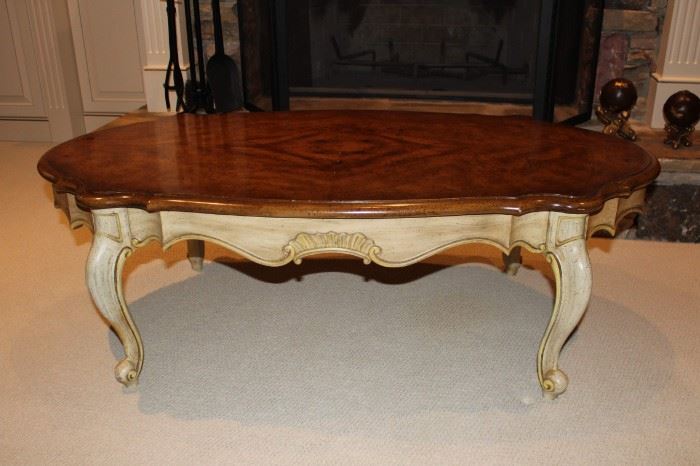 French style coffee table with burlwood top
