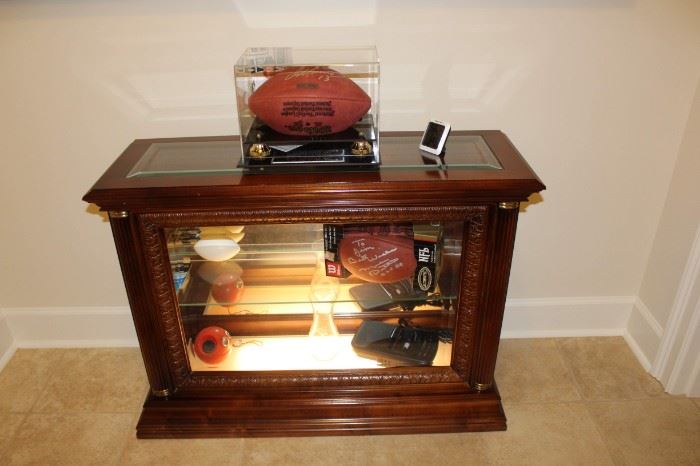 Pulaski Glass display cabinet, signed sports memorabilia