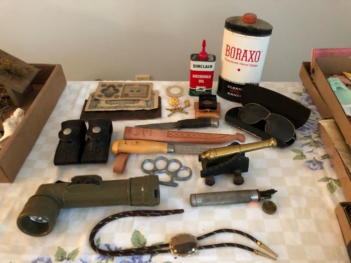 Collectibles - Military Flashlight, Knives, AutoGlas Glasses with Case, Sinclair household oil, Mini Cast Iron base brass desk cannon made in USA