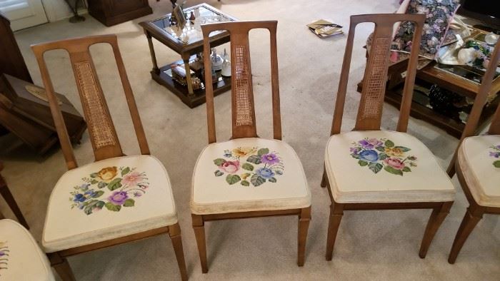 Dining room table - comes with 2 leaves and seats 8 people total. The chairs are a really beautiful hand-stitched floral design.