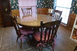 Oak round kitchen table, ethan allen chairs