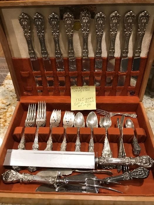 Reed & Barton sterling silver flatware set.  1,725 grams. knives nor carving set with stainless blades are not included in weight. 