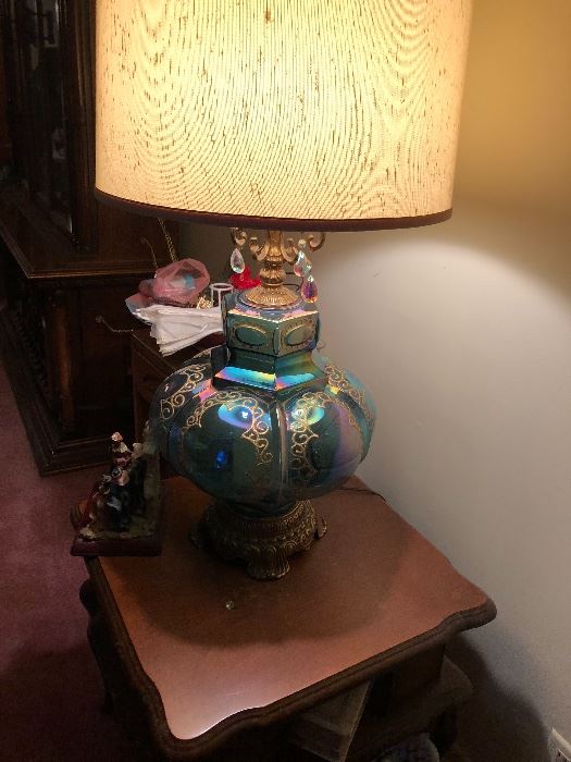1950's Pair of three way Carnival Glass Lamps.  The base lights up as well