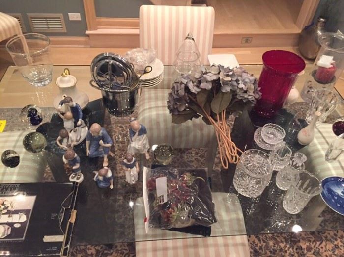 Assortment of Crystal, glass items, Lladro's , and collectable plates. 