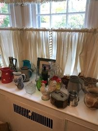 pottery, glass pitchers , antique pitchers, bottles