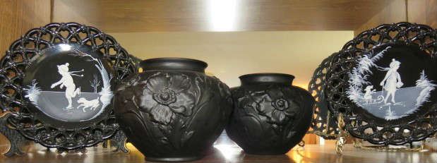 Pair Vintage Tiffin Black Satin Glass Poppy Vases