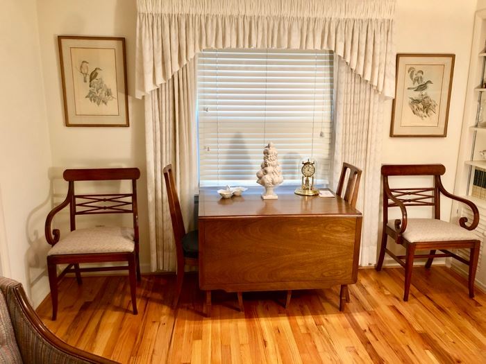 Drexel drop leaf dining table and 2 chairs.  Two beautiful curved arm chairs.