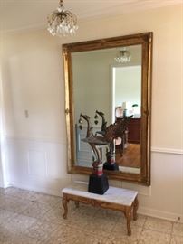 Entry Table, mirror, statue & small crystal light fixture