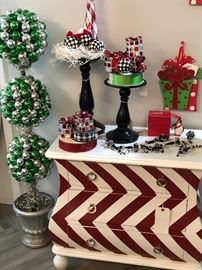 Mackenzie-Childs Ornaments, Chevron Design Petite Dresser, Lynn Chase Penguin Ornament, Festive Topiary