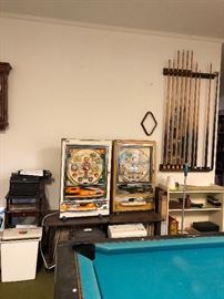 Pachinko machines.  Pool table and cues not for sale
