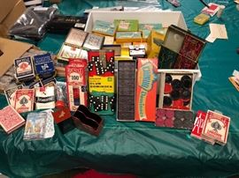Vintage cards, dominoes, checkers, Japanese slides.