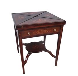 1890s English rosewood Edwardian envelope game table.  Marquetry.  