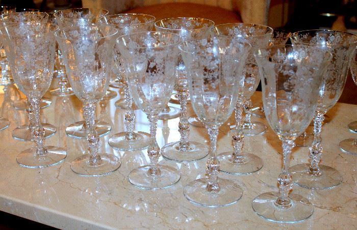 Cambridge "Rose Point" stemware all but water goblets still available.