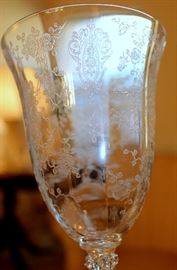 Detail of etching on Cambridge "Rose Point" stemware