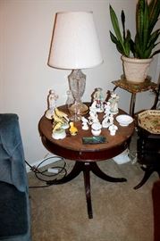 Vintage end table, figurines, crystal lamp