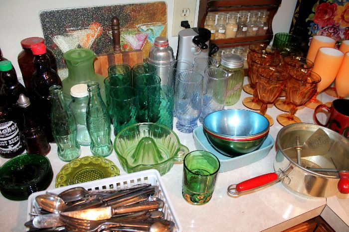 Vintage kitchenware, glassware, misc. antique silverplate flatware - some of these items may have sold