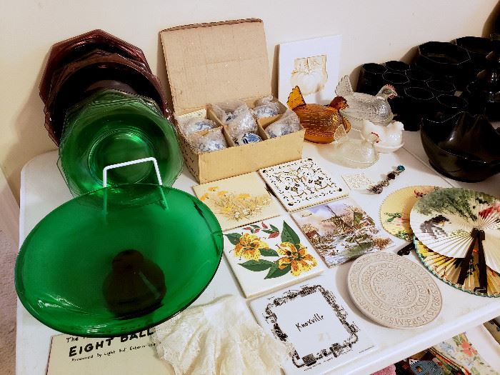 Green and amethyst glass, tile trivets, covered hen dishes - some of these items may have sold