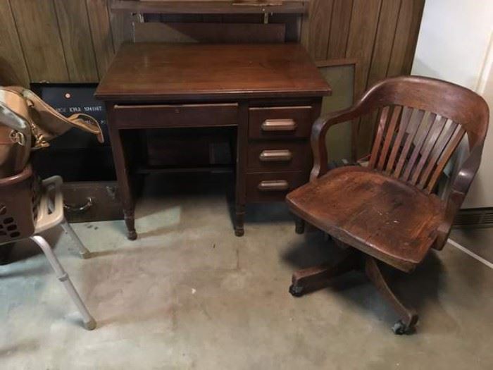 Vintage Small Wooden Desk and Rolling Desk Chair