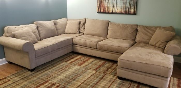Tan suede sectional couch, extremely comfortable!