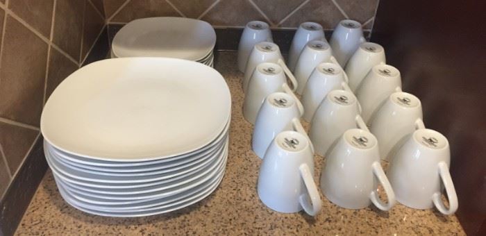 Pier One porcelain sold white full size plates, salad plates and coffee mugs