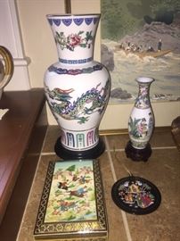 Dance of the Celestial Dragon vase 1985 (large and small), painted wood jewelry box, hand painted ornament