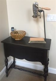 Black painted accent table, braided ceramic bowl, new tabletop wine opener