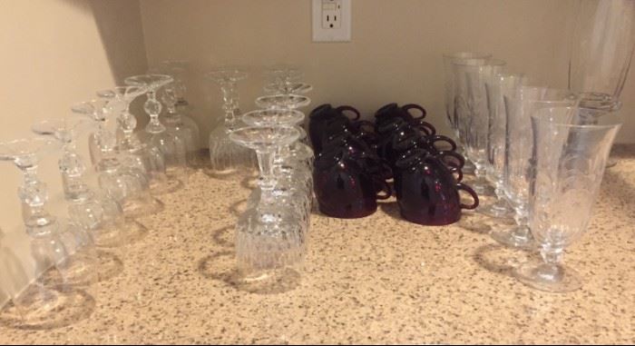 Crystal wine goblets, priced to sell! Red depression glass coffee mugs