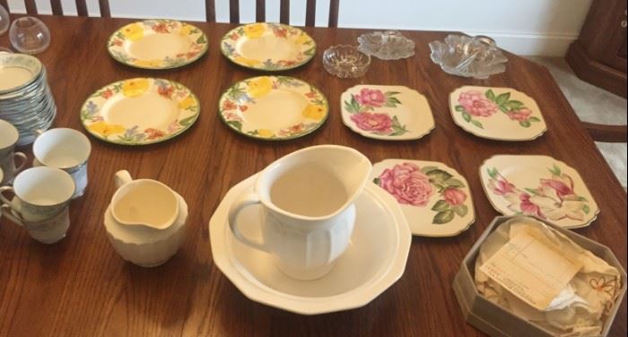 Cream colored pitcher and bowl, Onondaga Pottery flower plates with original box and receipt from 1949!