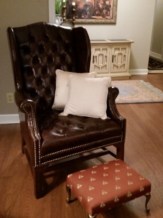 Small tufted wing back style 'Naugahyde' chair with brass nail trim. No tears, or stains, great condition.