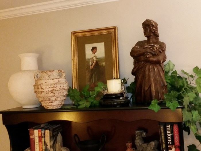 Pottery, framed vintage picture, and heavy bust.