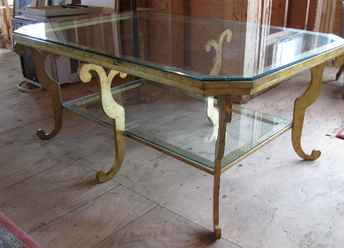 Quality double tier Glass top table with beautiful gilt finish, very heavy high quality decorator item