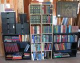 Hard bound books, some fancy decorator style, leather desk accessories