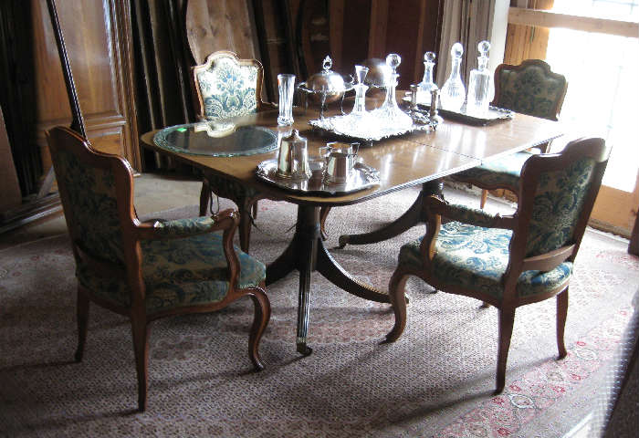 Antique Dining Room Table with Leaves and Upholstered Arm Chairs, Sterling Silver, Quality Silver Plate, Fine Crystal Decanters