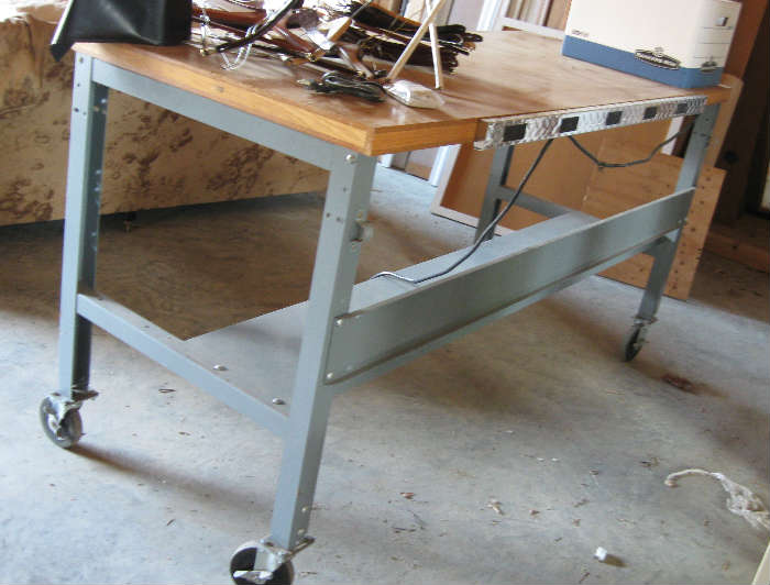 Large on Wheels Work Table Bench with Power Supply Strip
