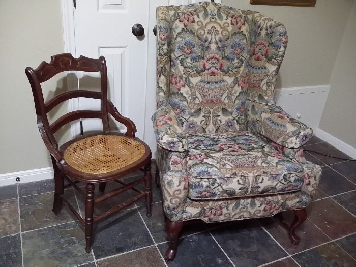 Antique cane seat chair & vintage wing back chair 